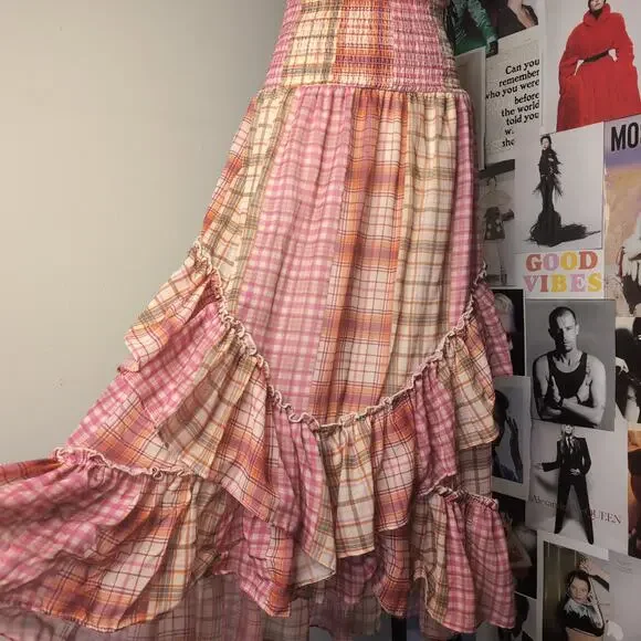 Pink Bohemian Whimsy Plaid Maxi Skirt - Picture 3 of 6